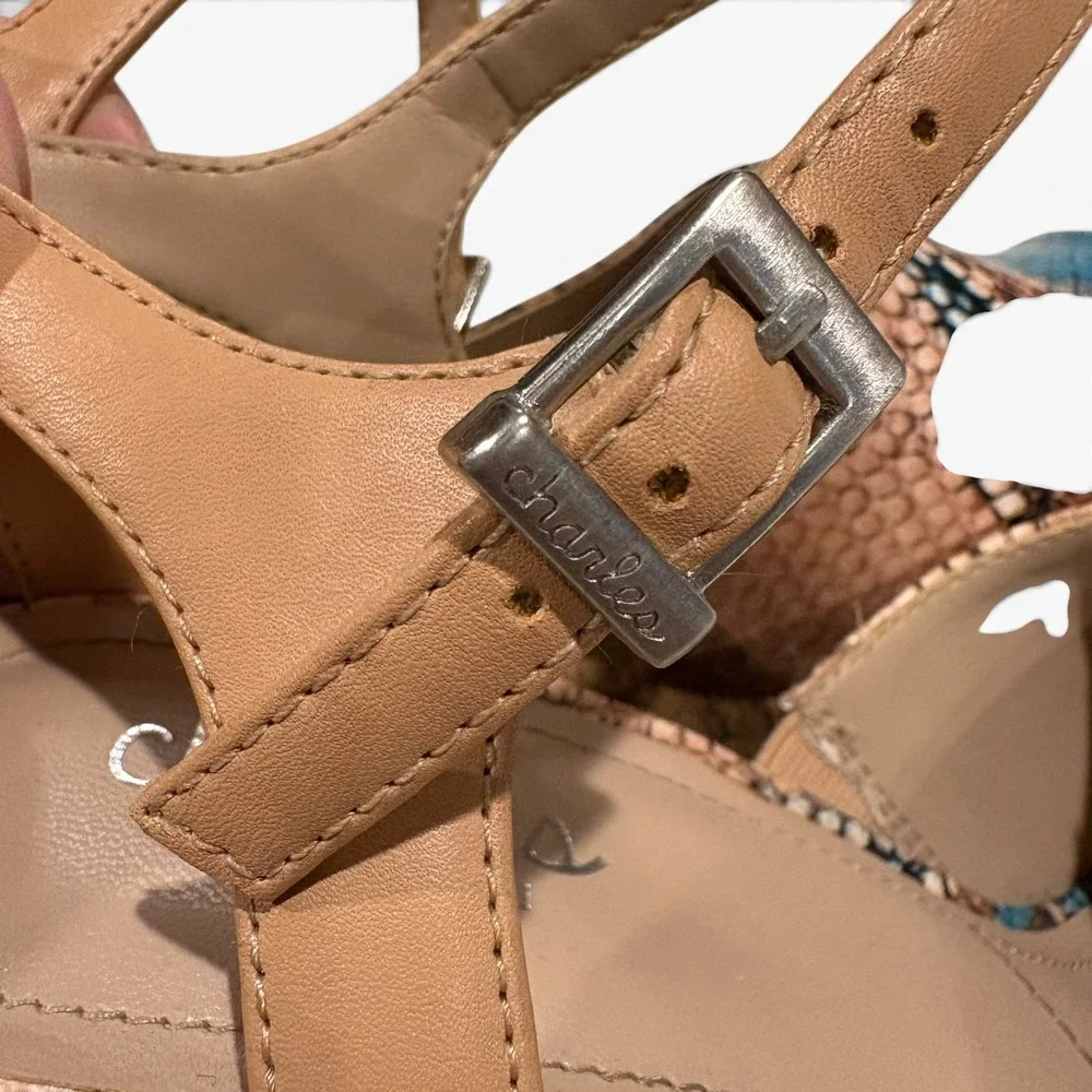 Charles by Charles David Snakeskin  Cork Wedge Sandals Turquoise/Tan Women's 8
